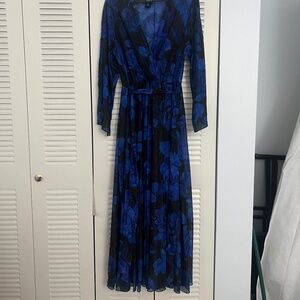 Alexa B Nites Blue Black Floral Long Sleeve Shear Shimmer Maxi Dress 6